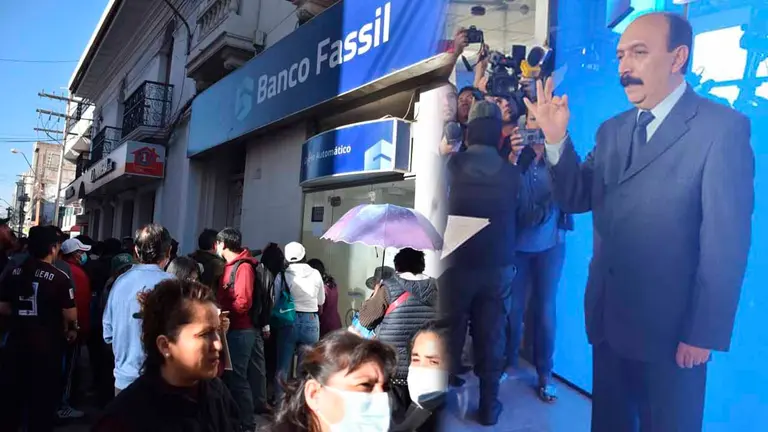 Decenas de personas a las afueras del Banco Fassil en Cochabamba (i) el interventor de la entidad Carlos Colodro (d). COMPOSICI&Oacute;N OPINI&Oacute;N