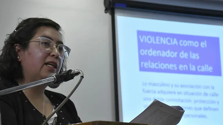 La investigadora boliviana Mar&iacute;a Soledad Fern&aacute;ndez habla hoy durante la presentaci&oacute;n del estudio Violencia sexual y violencia sexual comercial en contra de ni&ntilde;as y adolescentes mujeres en situaci&oacute;n de calle, en La Paz. EFE