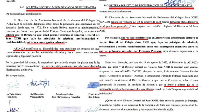 Cartas enviadas por los exalumnos, donde piden una investigaci&oacute;n de casos de pederastia. PEPE POMACUSI
