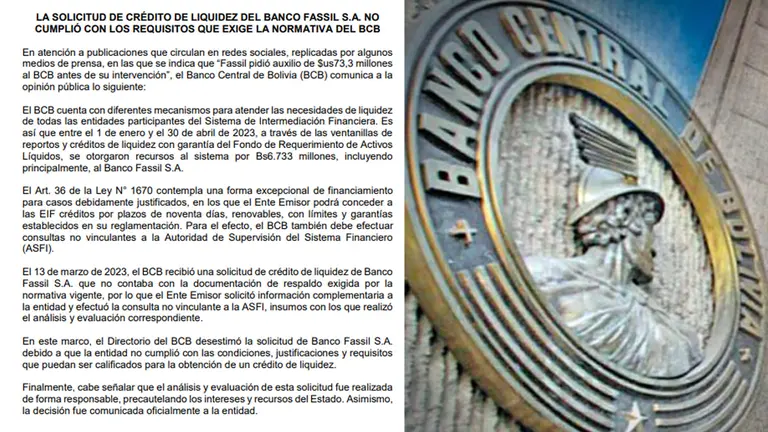 Comunicado del BCB y el frontis del Banco./ ABI