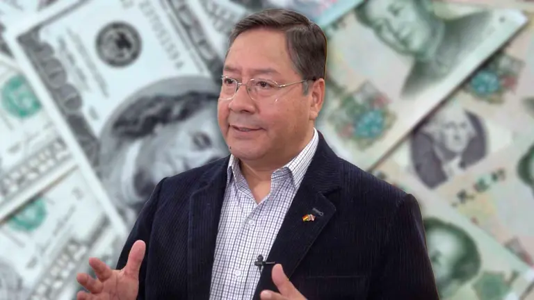 El presidente del Estado Luis Arce. Al fondo una imagen compuesta de billetes de d&oacute;lares y yuanes chinos. COMPOSICI&Oacute;N OPINI&Oacute;N