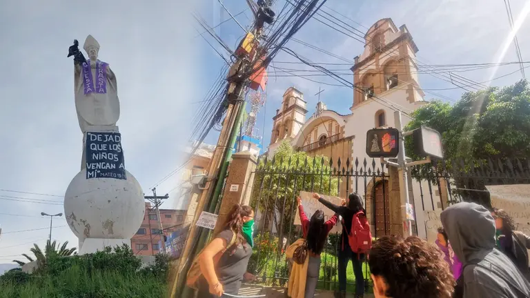 Monumento al Papa Juan Pablo II y frontis de la Iglesia de la Compa&ntilde;&iacute;a de Jes&uacute;s, en torno a las protestas este jueves en Cochabamba.FACEBOOK WA&Ntilde;UCHUN MACHOCRACIA/MELISSA REVOLLO