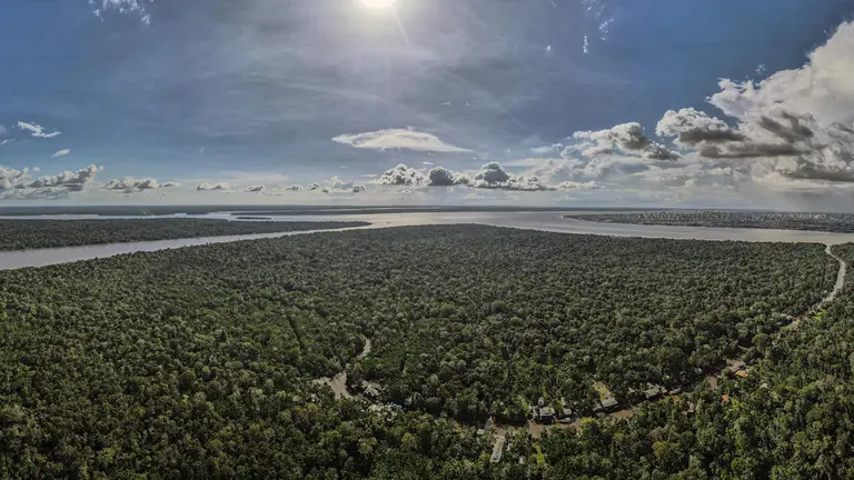 Vista a&eacute;rea de una zona de la Floresta Amaz&oacute;nica, en el estado de Par&aacute;, norte de Brasil, en una fotograf&iacute;a de archivo./ EFE