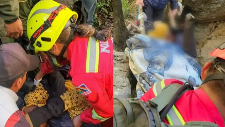 Rescatistas consiguen auxiliar a Jhosfer, el joven desaparecido en las cascadas de Apote. PRENSA POLIC&Iacute;A BOLIVIANA