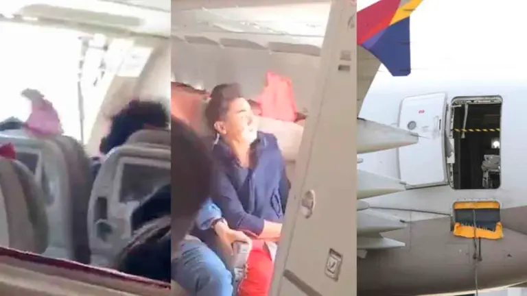 Imagen compuesta del momento en que el pasajero abri&oacute; la puerta del avi&oacute;n. RRSS