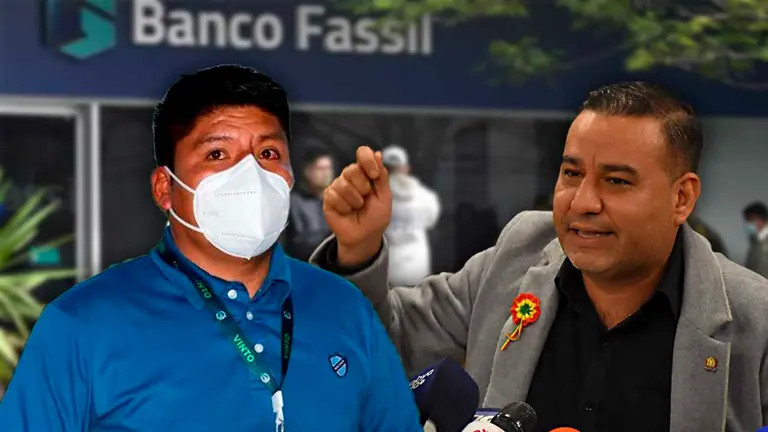 El senador del MAS, Leonardo Loza y el diputado del mismo partido Anyelo C&eacute;spedes. Al fondo una sucursal del Bando Fassil. COMPOSICI&Oacute;N OPINI&Oacute;N