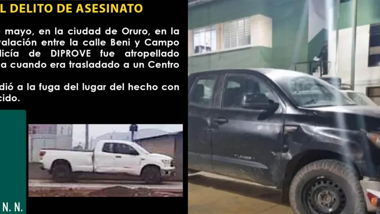 La camioneta Toyota con la que atropellaron al polic&iacute;a de Diprove, en Oruro. POLIC&Iacute;A BOLIVIANA