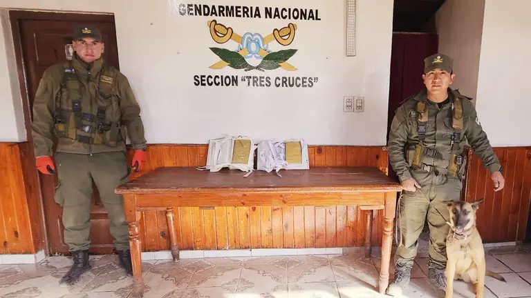 Los gendarmes y el can que atendieron el caso de un boliviano con droga en libros. GENDARMER&Iacute;A NACIONAL ARGENTINA