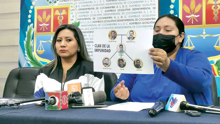 Soliz y Terrazas muestran un organigrama del que denominan &ldquo;clan de la impunidad&rdquo;, este 22 de junio./ MELISSA REVOLLO