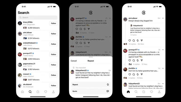 Composici&oacute;n de tres fotograf&iacute;as divulgadas por Meta donde se muestran tres pantallas de c&oacute;mo buscar una persona, un tema o una publicaci&oacute;n desde la cuenta de una persona en Threads, la nueva red social de microblogging de Meta./ EFE