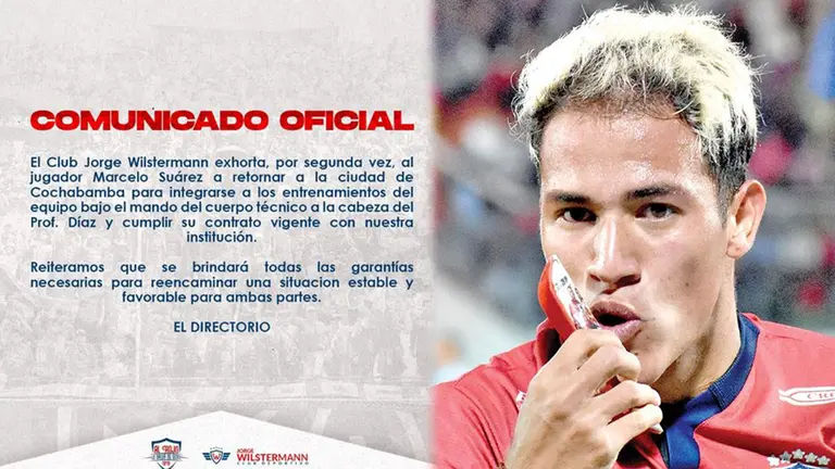 El comunicado de Wilstermann y el jugador Marcelo Su&aacute;rez./ WILSTER Y OPINI&Oacute;N