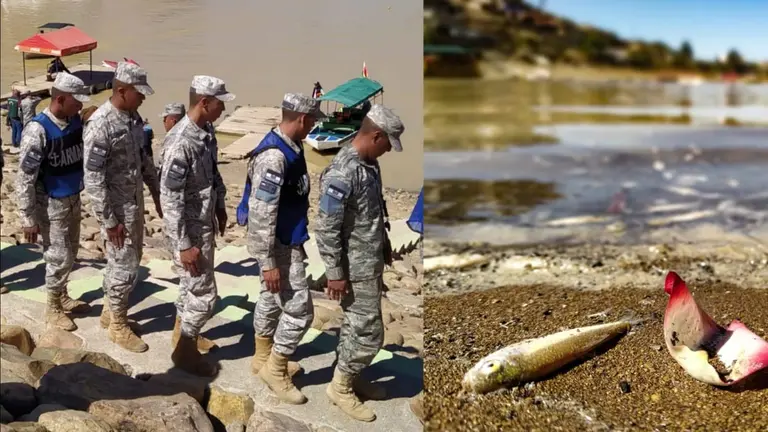 La Armada (izq) ingresa a La Angostura para limpiar el vaso de agua, donde se reportan  gran cantidad de peces muertos. DICO SOL&Iacute;S