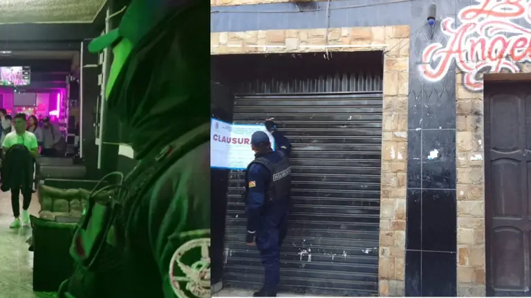 Local clausurado por la Intendencia (der); un guardia municipal custodia la salida de clientes del lugar. INTENDENCIA