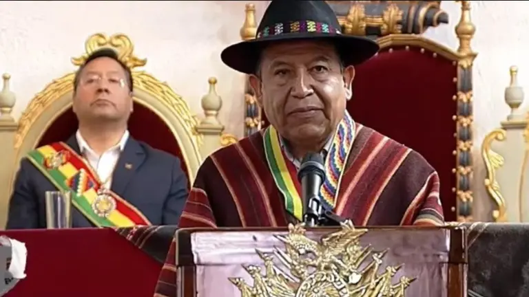 El vicepresidente David Choquehuanca, durante su discurso por el aniversario patrio de Bolivia 2023./OX&Iacute;GENO