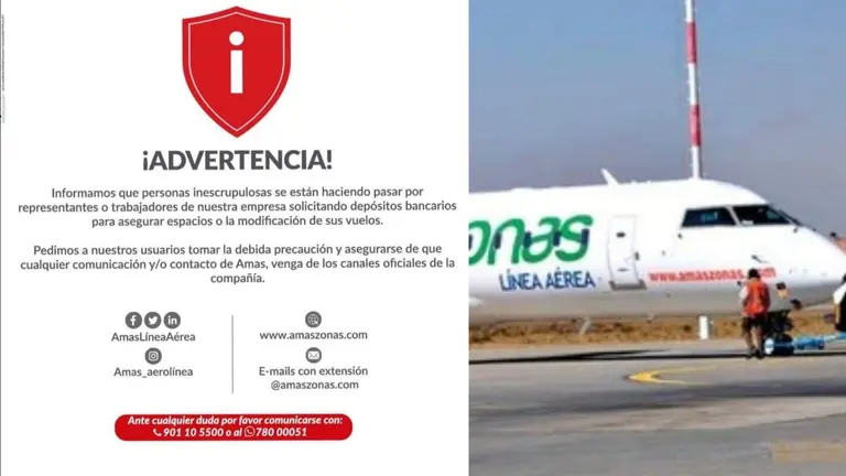 Comunicado (izq) de la aerol&iacute;nea Amaszonas (der). COMPOSICI&Oacute;N OPINI&Oacute;N