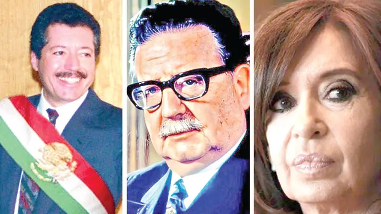 El mexicano Luis Donaldo Colosio (i), el chileno Salvador Allende y la argentina Cristina Fernández (d). / COMPOSICIÓN OPINIÓN