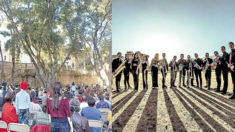 Una imagen del público en los jardines del Palacio Portales y otra de la D&rsquo; Jazz Big Band./ FUNDACIÓN PATIÑO