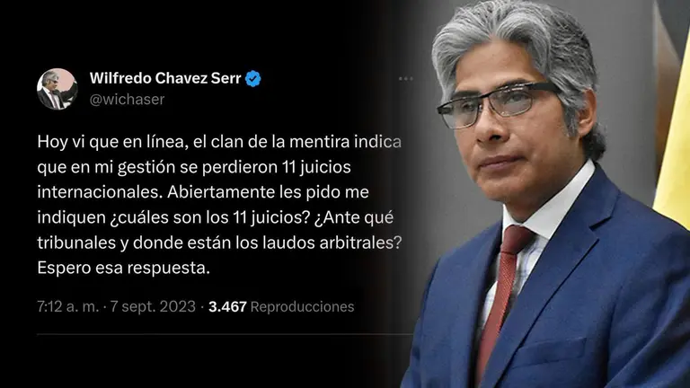 El exprocurador del Estado Wilfredo Ch&aacute;vez. Del lado izquierdo, el tuit mediante el que exige que le demuestren cu&aacute;les son los juicios que perdi&oacute;. COMPOSICI&Oacute;N BOLIVIA