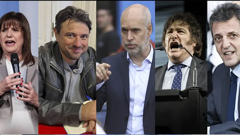 Combo de fotograf&iacute;as de archivo en las que se registr&oacute; (de i a d) a los candidatos Patricia Bullrich, Juan Grabois, Horacio Rodr&iacute;guez Larreta, Javier Milei y Sergio Massa./ EFE