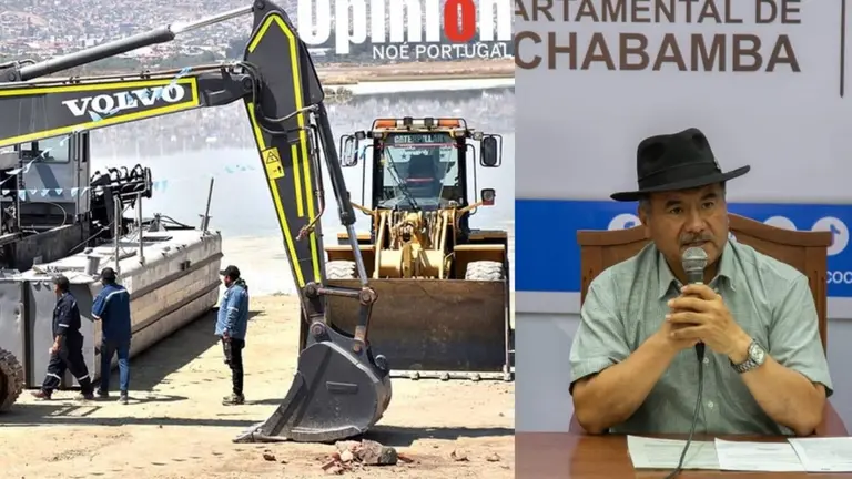 El gobernador, Humberto S&aacute;nchez (der) se refiere al dragado de la laguna Alalay (izq). COMPOSICI&Oacute;N OPINI&Oacute;N