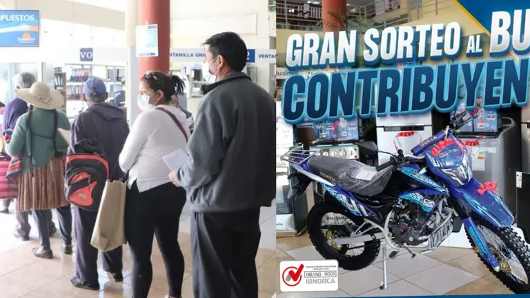 Ciudadanos realizan el pago de impuestos en Sacaba (izq), donde los "buenos contribuyentes" participar&aacute;n de un sorteo con m&aacute;s de premios, entre ellos, motocicletas (der). COMPOSICI&Oacute;N OPINI&Oacute;N
