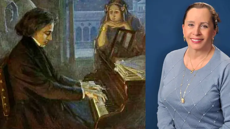 Cuadro de Chopin tocando el piano y la autora de "Arpegios de pasi&oacute;n y pandemia", Pilar Pedraza.