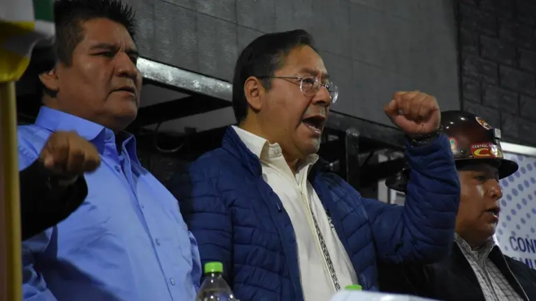 El presidente, Luis Arce, durante el ampliado de emergencia de la Confederaci&oacute;n Sindical de Comunidades Interculturales. APG