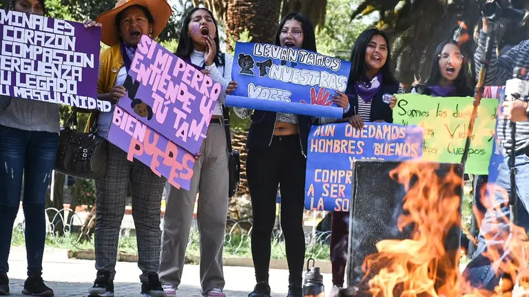 Grupos de activistas protestan contra la violencia hacia la mujer con una quema en Cochabamba. DICO SOL&Iacute;S
