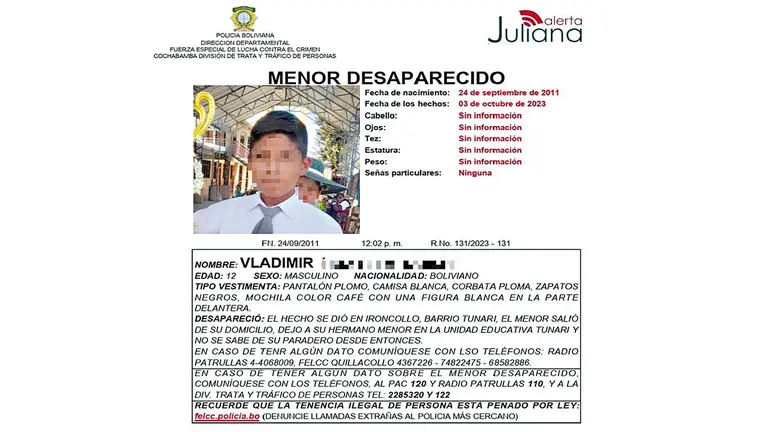 Afiche que reportaba la desaparición de Vladimir./ ALERTA JULIANA