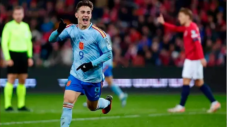 Gavi celebra el gol de la clasificaci&oacute;n de Espa&ntilde;a a la Eurocopa Alemania 2024. MARCA