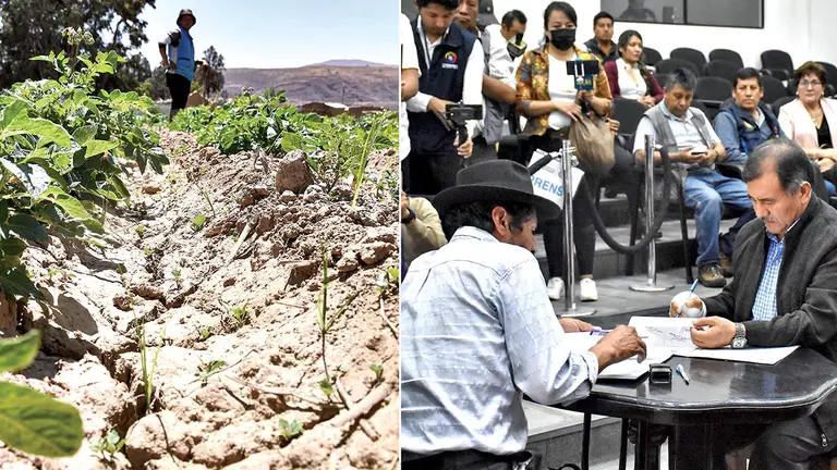 Suelo agrietado en al Valle Alto, en d&iacute;as recientes; y el alcalde de Sacabamba firma convenio para un pozo, este 23 de octubre./ DICO SOL&Iacute;S