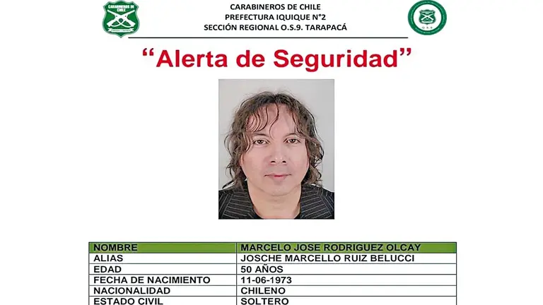 La Alerta de Seguridad en contra del chileno Marcelo Jos&eacute; Rodr&iacute;guez Olcay./ CARABINEROS DE CHILE