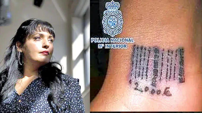Amelia Tiganus, cuando tenía 17 años, víctima del proxenetismo (i). Fotografía de uno de los cófigos de barras tatuados (d)./ BBC-EFE