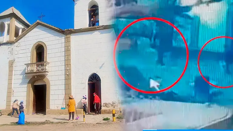 La fachada de la iglesia San Isidro junto a una captura de video del momento en que los j&oacute;venes ingresaron a robar. COMPOSICI&Oacute;N OPINI&Oacute;N