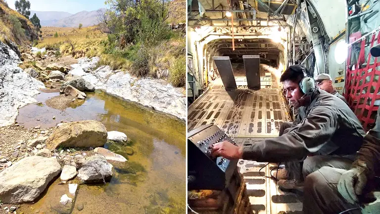 Un r&iacute;o con agua en Sacabamba, en d&iacute;as recientes (i); y el sobrevuelo y siembra de nubes, el 24 de octubre (d)./ UGR / DICO SOL&Iacute;S