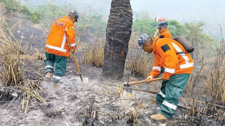 Bomberos de las Fuerzas Armadas realizan el enfriamiento en una de las zonas afectadas por los incendios./ ABI-ARCHIVO