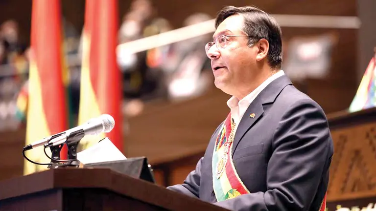 El presidente Luis Arce durante su informe por los dos a&ntilde;os de gobierno, el 8 de noviembre de 2022./ ABI