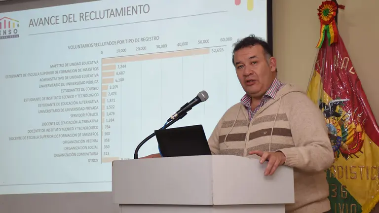 El director general ejecutivo del INE, Humberto Arandia, brinda datos del reclutamiento de censistas 2024./ APG