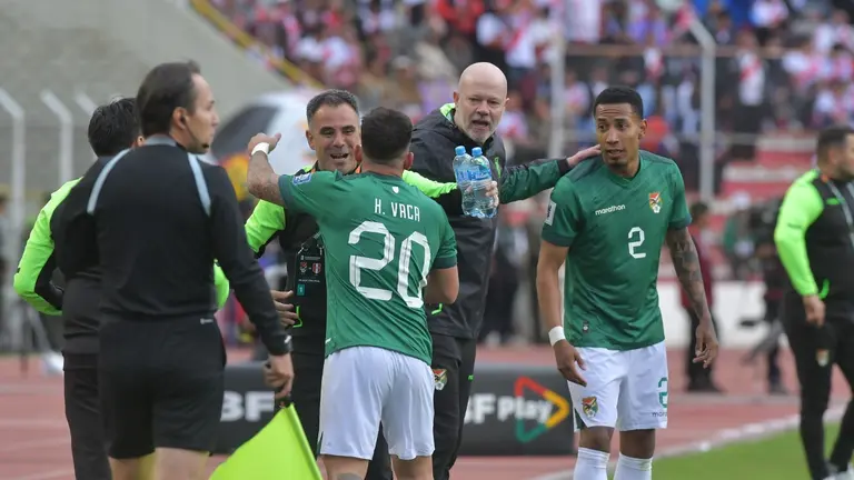 Antonio Carlos Zago (c) celebra uno de los goles de la Selecci&oacute;n ante Per&uacute;. APG