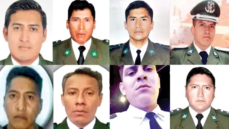 Oliver Mendoza, Domingo Chávez, Walter Huayhua, Ismael Trujillo, Alfonso Chávez, Eustaquio Olano, David Candia y José Agustín Torrez, los uniformados asesinados. /   FACEBOOK