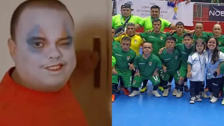 Del lado izquierdo, un actor de la serie documental "El Mundialito", Del otro, la Verde de talla baja.