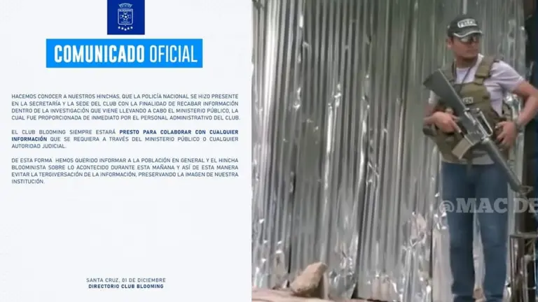 Comunicado oficial de Blooming (i) y personal policial en sus instalaciones (d). RRSS