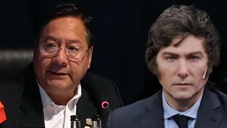 El presidente del Estado, Luis Arce, con el presidente electo de Argentina, Javier Milei. COMPOSICI&Oacute;N OPINI&Oacute;N
