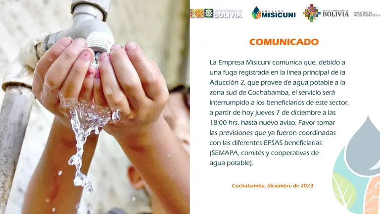 Comunicado de Misicuni sobre la  fuga de agua en la aducci&oacute;n 2 (d); y, la foto de una persona recibiendo agua (i). COMPOSICI&Oacute;N OPINI&Oacute;N