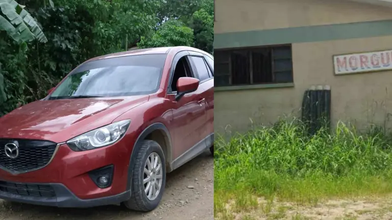 Del lado izquierdo, el auto donde hallaron a un hombre acribillado, en Entre R&iacute;os. Del otro, la morgu donde trasladaron el cuerpo de un tercer sujeto aparentemente victimado con un arma de fuego. RRSS/UNITEL