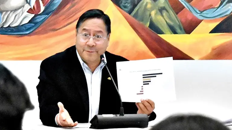 El presidente Luis Arce muestra un gr&aacute;fico sobre los indicadores econ&oacute;micos/ APG