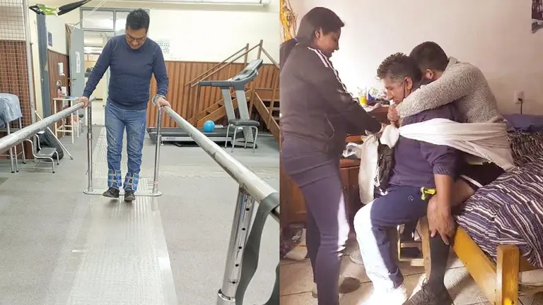 El suboficial Andrés Canaza en una sesión de fisioterapia (i). Germán Medrano carga con ayuda de una sábana a su hijo Herlan, un militar que quedó parapléjico (d)./ HENRY ARANCIBIA-CORTESÍA FAMILIA MEDRANO