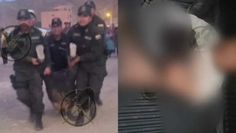 Los polic&iacute;as, en el momento del rescate del cuerpo de &Aacute;lvaro, linchado en Challapata. Del otro lado, los restos del hombre violentado. RRSS