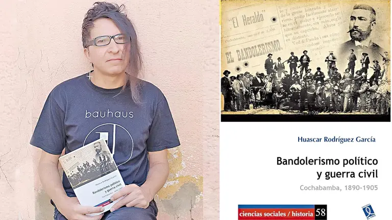 El sociólogo e investigador Huáscar Rodríguez (i). Portada del libro &ldquo;Bandolerismo político y guerra civil&rdquo; (d)./ CORTESÍA