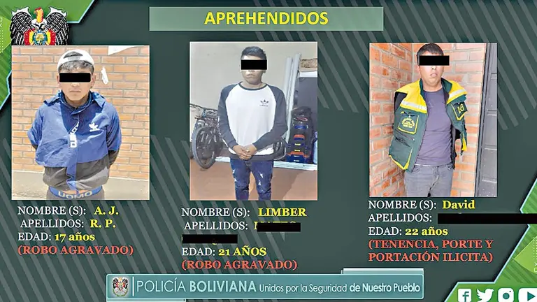 Las tres personas implicadas en los robos armados en Quillacollo./ POLIC&Iacute;A